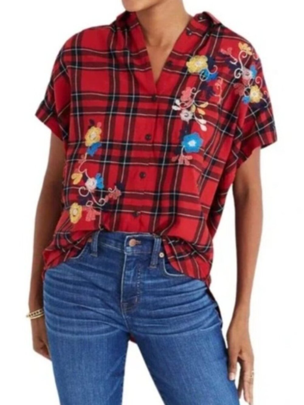 Madewell Central Shirt Size XL Button Up Plaid Floral Embroidery Red Black